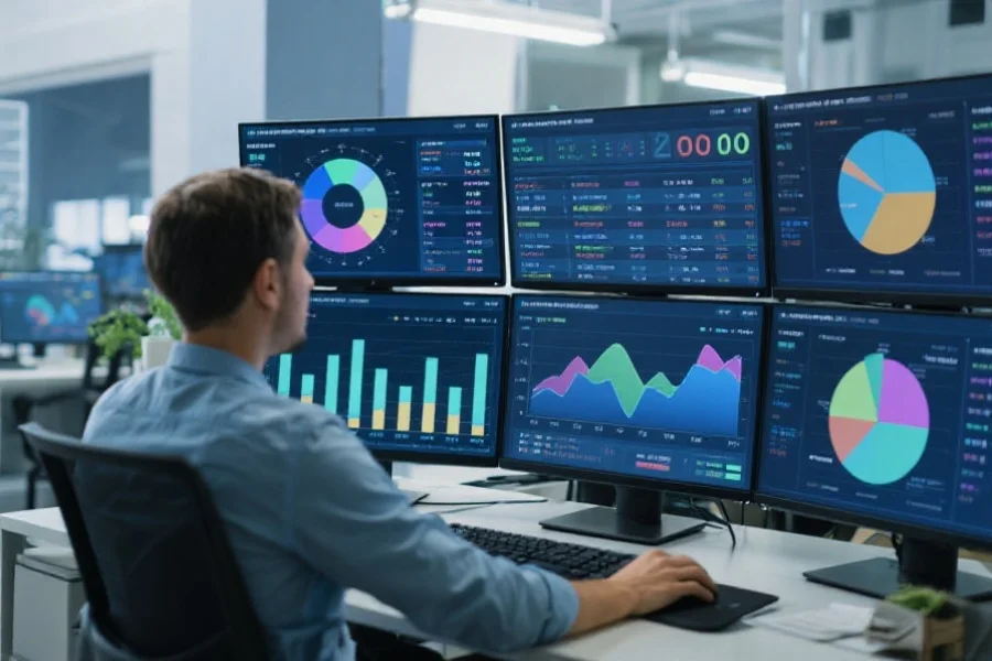 数据分析师在办公室，正在使用多屏幕显示器对澳洲幸运10数据进行可视化分析，界面上有丰富的图表